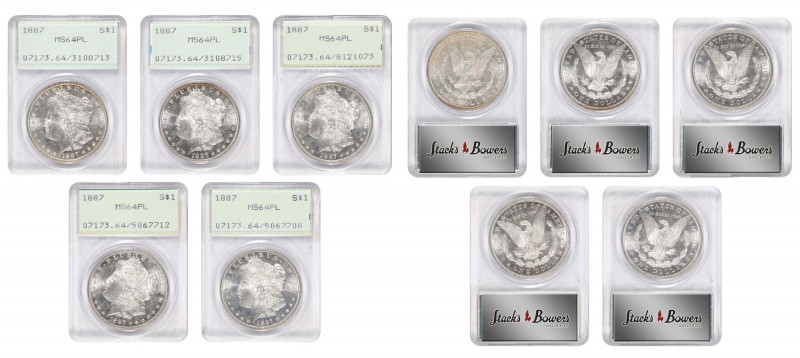 Lot of (5) 1887 Morgan Silver Dollars. MS-64 PL (PCGS). OGH--First Generation.
...