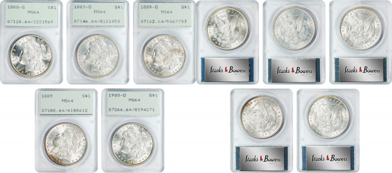 Lot of (5) Pre-1921 Morgan Silver Dollars. MS-64 (PCGS). OGH--First Generation....