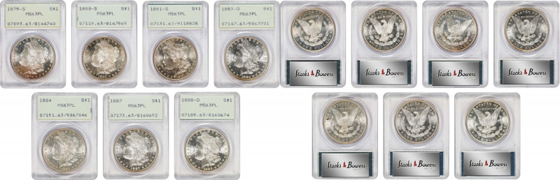 Lot of (7) 19th Century Morgan Silver Dollars. MS-63 PL (PCGS). OGH--First Gener...