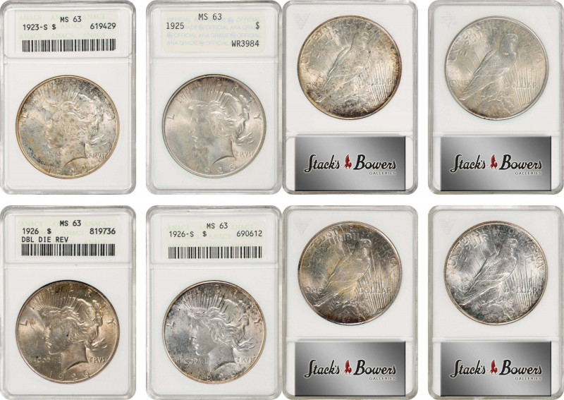 Lot of (4) Peace Silver Dollars. MS-63 (ANACS). OH.
Included are: 1923-S; 1925;...