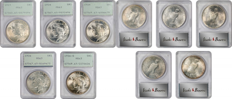 Lot of (5) Peace Silver Dollars. MS-63 (PCGS). OGH--First Generation.
Included ...