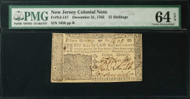 NJ-157. New Jersey. December 31, 1763. 15 Shillings. PMG Choice Uncirculated 64 EPQ.
No. 1638, Plate B. Nearly Gem.
Estimate: $300.00- $500.00