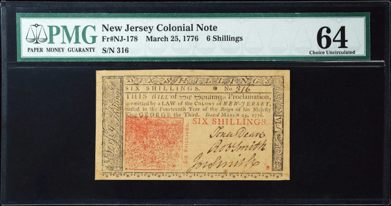 NJ-178. New Jersey. March 25, 1776. 6 Shillings. PMG Choice Uncirculated 64.
No...