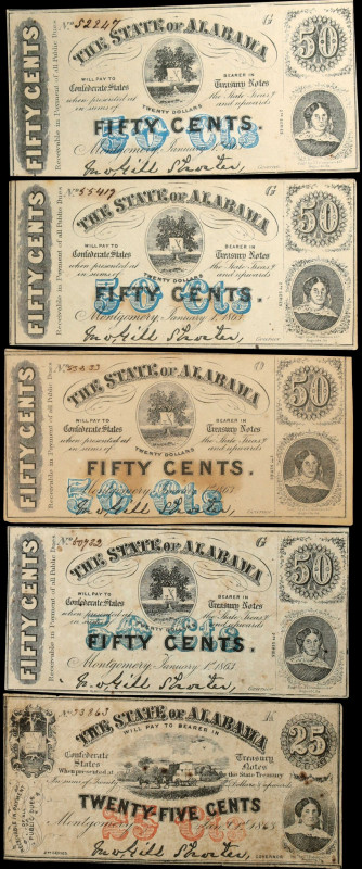 Lot of (5). Montgomery, Alabama. State of Alabama. 1863 25 & 50 Cents. Fine.
A ...