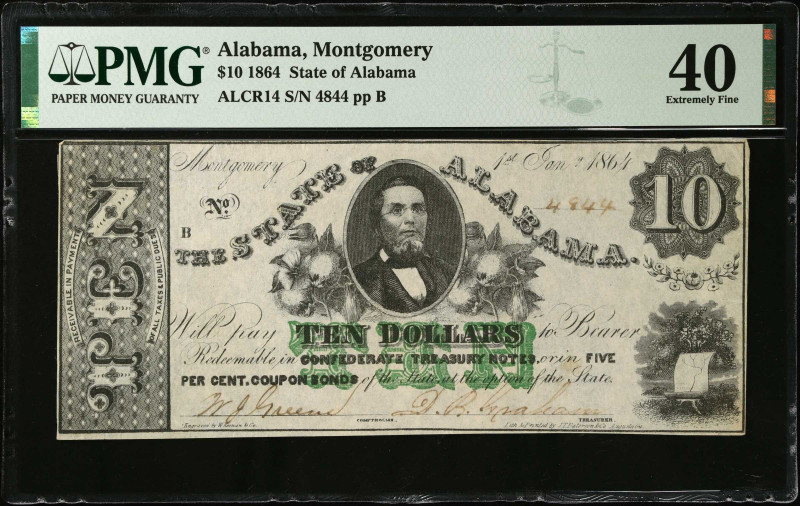 Montgomery, Alabama. State of Alabama. 1864 $10. PMG Extremely Fine 40.
ALCR14....