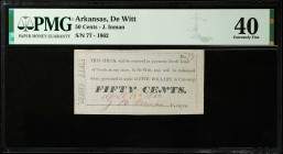 De Witt, Arkansas. J. Inman. 1862 50 Cents. PMG Extremely Fine 40.
Rothert 150-1. Serial number 77. April 13, 1862. Printed on lined paper. Signed by...