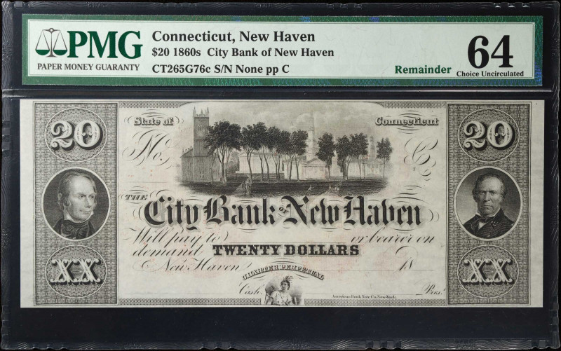 New Haven, Connecticut. City Bank of New Haven. 1860s $20. PMG Choice Uncirculat...