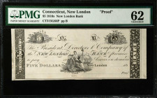 New London, Connecticut. New London Bank. 1810s $5. PMG Uncirculated 62. Proof.
CT315G64P. Plate B. Proof. PMG comments "Thinning, Minor Repair."
Es...