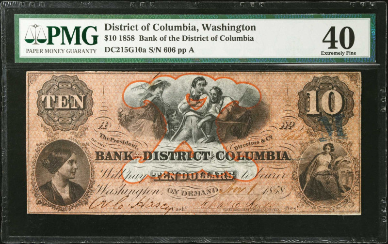 Washington, District of Columbia. Bank of the District of Columbia. 1858 $10. PM...