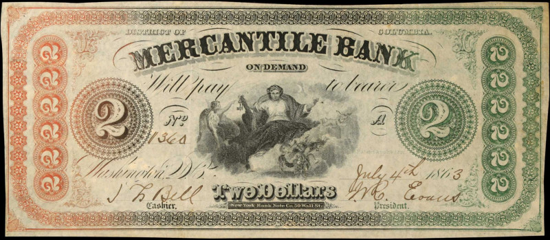 Washington, District of Columbia. Mercantile Bank. 1863 $2. Very Fine.
Attracti...