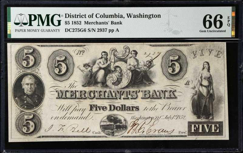 Washington, District of Columbia. Merchants Bank. 1852 $5. PMG Gem Uncirculated ...