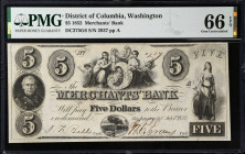 Washington, District of Columbia. Merchants Bank. 1852 $5. PMG Gem Uncirculated 66 EPQ.
DC275G6. No. 2937, Plate A. Ornate "5" counter above flanked ...