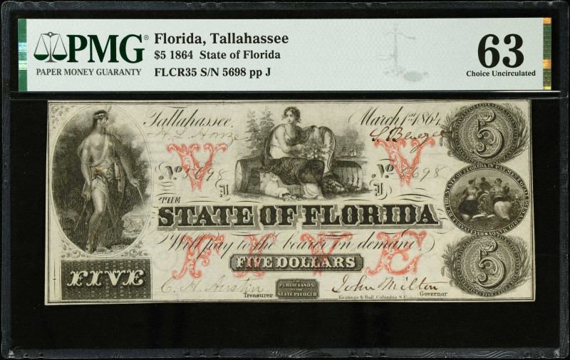 Tallahassee, Florida. State of Florida. 1864 $5. PMG Choice Uncirculated 63.
FL...