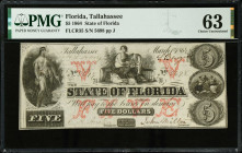 Tallahassee, Florida. State of Florida. 1864 $5. PMG Choice Uncirculated 63.
FLCR35. No. 5698, Plate J. Imprint of Keatinge & Ball, Columbia S.C.
Es...