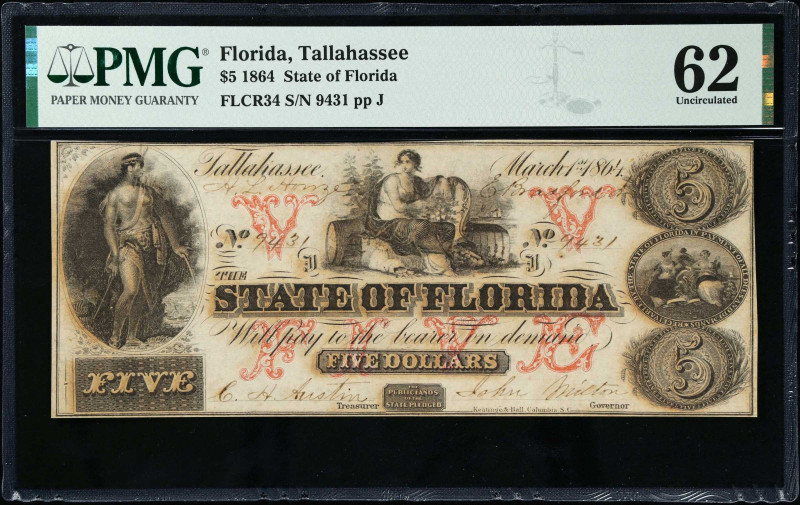 Tallahassee, Florida. State of Florida. 1864 $5. PMG Uncirculated 62.
PMG comme...