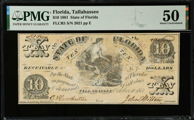 Tallahassee, Florida. State of Florida. 1861 $10. PMG About Uncirculated 50.
FL...