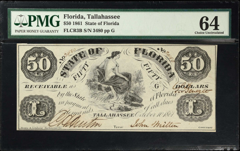 Tallahassee, Florida. State of Florida. 1861 $50. PMG Choice Uncirculated 64.
F...