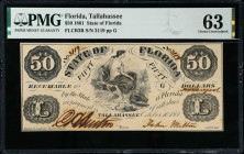 Tallahassee, Florida. State of Florida. 1861 $50. PMG Choice Uncirculated 63.
FLCR3B. No. 3119, Plate G. PMG comments "Minor Ink Burn."
Estimate: $1...