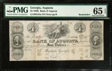 Augusta, Georgia. Bank of Augusta. 1860s $4. PMG Gem Uncirculated 65 EPQ. Remainder.
GA30G54a. Plate B. Remainder.
Estimate: $60.00- $80.00