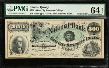 Quincy, Illinois. Gem City Business College, First National Bank. 1873 $500. PMG Choice Uncirculated 64 EPQ. Remainder.
Plate A. Remainder. Nearly Ge...