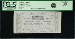 Columbia, Louisiana. Parish of Caldwell. 1862 $5. PCGS Currency Very Fine 30.
No. 118, Plate A. November 12th, 1862. Train vignette at top center wit...