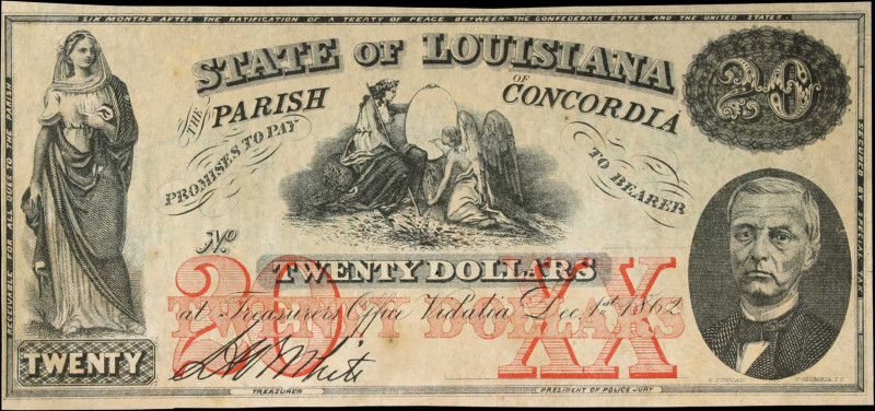 Concordia, Louisiana. State of Louisiana Parish of Concordia. 1862 $20. Very Fin...