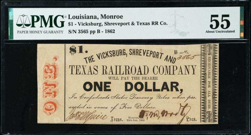 Monroe, Louisiana. Vicksburg, Shreveport & Texas RR Co. 1862 $1. PMG About Uncir...