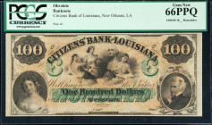 New Orleans, Louisiana. Citizens Bank of Louisiana. ND $100. PCGS Currency Gem New 66 PPQ. Remainder.
Plate C. Remainder.
Estimate: $80.00- $120.00