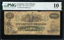 New Orleans, Louisiana. City of New Orleans. 1862 $3. PMG Very Good 10.
LAC365. No. 84661, Plate A.
Estimate: $80.00- $120.00