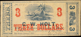 New Orleans, Louisiana. G.W. Holt. 1862 $3. Fine.
No. 2261. Tears. Pinholes.
Estimate: $100.00- $200.00