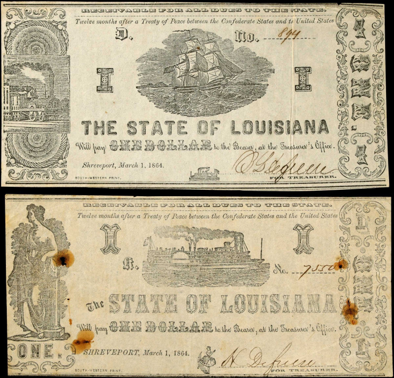 Lot of (2). Shreveport, Louisiana. State of Louisiana. 1864 $1. Fine to Very Fin...