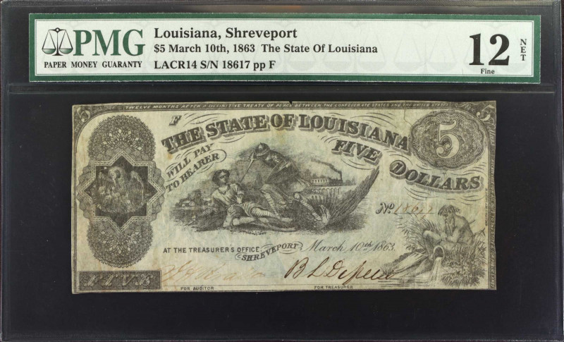 Shreveport, Louisiana. State of Louisiana. 1863. $5. PMG Fine 12 Net. Hinge Repa...