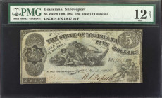 Shreveport, Louisiana. State of Louisiana. 1863. $5. PMG Fine 12 Net. Hinge Repairs.
PMG comments "Hinge Repairs."
Estimate: $30.00- $50.00