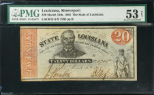 Shreveport, Louisiana. State of Louisiana. 1863 $20. PMG About Uncirculated 53 Net. Ink Burn.
LACR13. No. 2705, Plate B. PMG comments "Ink Burn."
Es...
