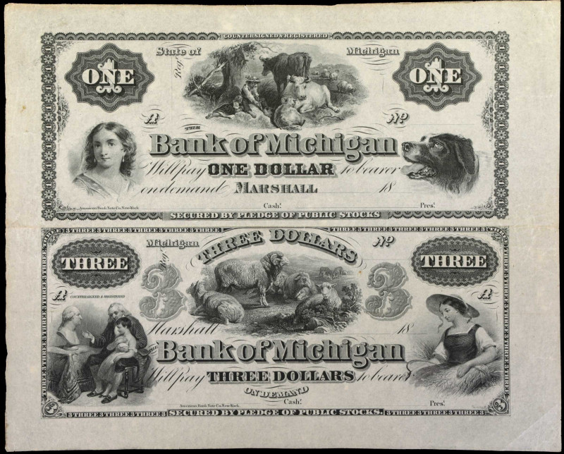 Uncut Pair. Marshall, Michigan. Bank of Michigan. 18xx. $1 & $3. About Uncircula...