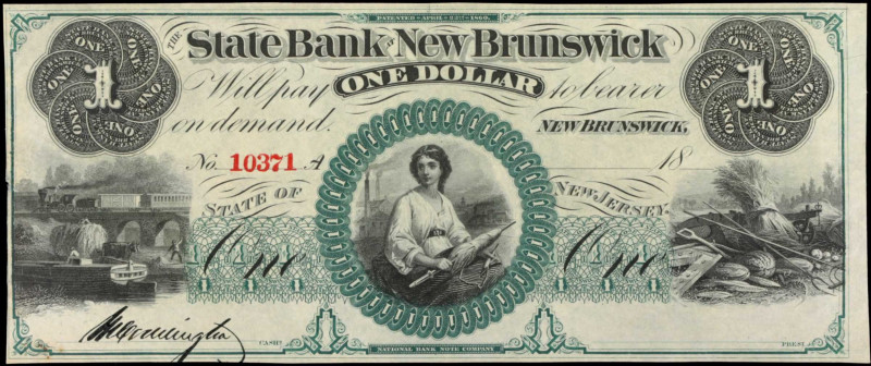 New Brunswick, New Jersey. State Bank at New Brunswick. 18xx $1. Extremely Fine....