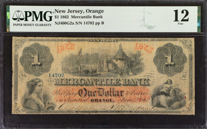 Orange, New Jersey. Mercantile Bank. 1862 $1. PMG Fine 12.
No. 14702, Plate B. ...