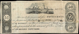 New York, New York. Castings at Irving. 1837. 50 Cents. Fine.
An advertisement for Metallic Basis is on the back, while the note is redeemable at the...