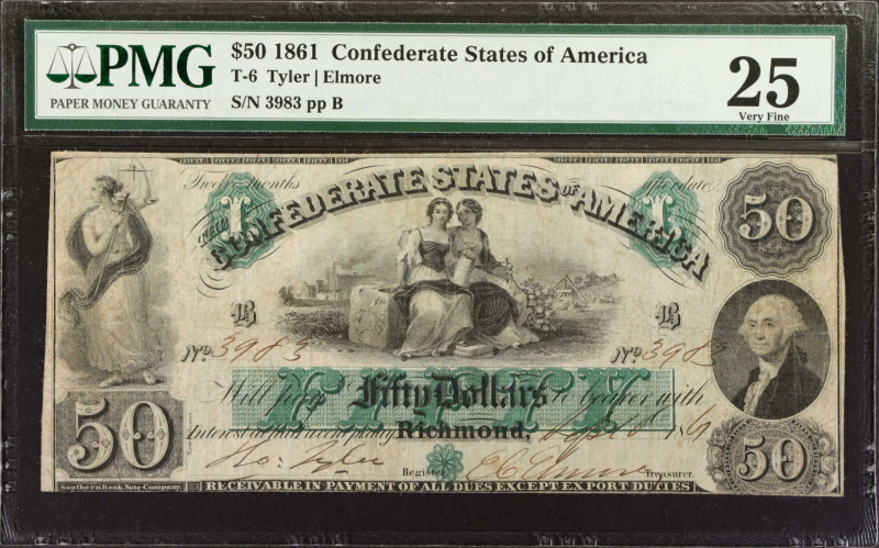 T-6. Confederate Currency. 1861 $50. PMG Very Fine 25.
No. 3983, Plate B. A hig...