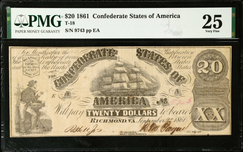 T-18. Confederate Currency. 1861 $20. PMG Very Fine 25.
No. 9743, Plate EA.
Es...