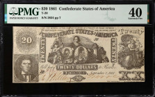 T-20. Confederate Currency. 1861 $20. PMG Extremely Fine 40.
No. 3834, Plate 7. PMG comments "Cut Cancelled."
Estimate: $80.00- $120.00