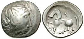 "Eastern Europe. Ca. 3rd-2nd century B.C AR tetradrachm (24.4 mm, 8.52 g, 9 h). Celticized head to right / Heavily stylised rider on horseback to left...