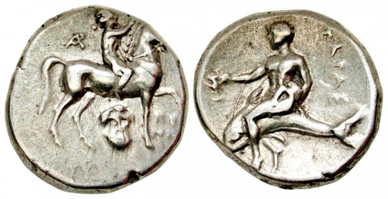 "Calabria, Tarentum. Ca. 281-240 B.C. AR nomos (21.1 mm, 6.51 g, 7 h). Struck 25...