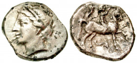 "Calabria, Tarentum. Campano-Tarentine. 281-228 B.C. AR nomos (20.8 mm, 7.11 g, 5 h). Diademed head of nymph Satyra left wearing triple-drop earring /...