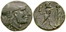 "Macedonian Kingdom. Antigonos II Gonatas. 277/6-239 B.C. AE unit (15.1 mm, 2.94 g, 7 h). Struck after 196 B.C. Helmeted head of Athena right / B-A, P...
