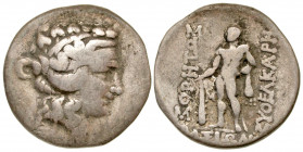 "Islands off Thrace, Thasos. Thasos. Ca.168-148 B.C. AR tetradrachm (30.3 mm, 16.21 g, 11 h). Head of young Dionysus right, wreathed in ivy, band acro...