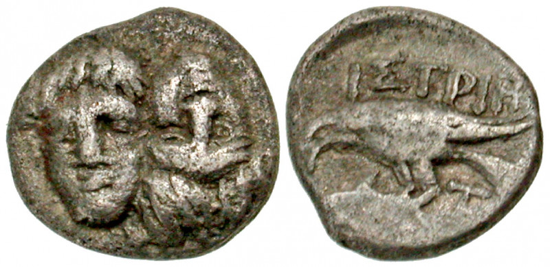 "Moesia, Istros. 4th century B.C. AR hemiobol (8 mm, .5 g, 12 h). Two young male...