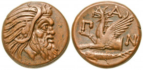 "Cimmerian Bosporos, Pantikapaion. Ca. 325-310 B.C. AE 21 (21 mm, 7.30 g, 12 h). Bearded head of satyr right / ΠAN, forepart of griffin left; sturgeon...