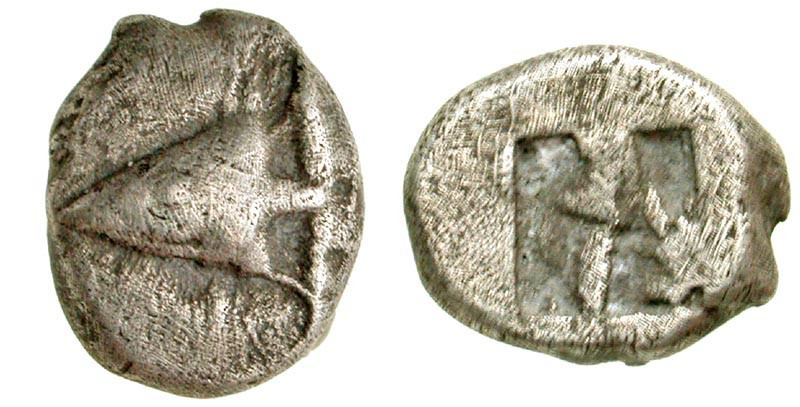 "Mysia, Kyzikos. Ca. 550-500 B.C. AR obol (9.88 mm, 1.07 g). Head of tunny right...