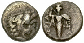 "Mysia, Pergamon. 310-282 B.C. AR diobol (11.09 mm, 1.06 g, 12 h). Head of Alexander as Hercules right wearing lion-skin headdress, paws tied around h...